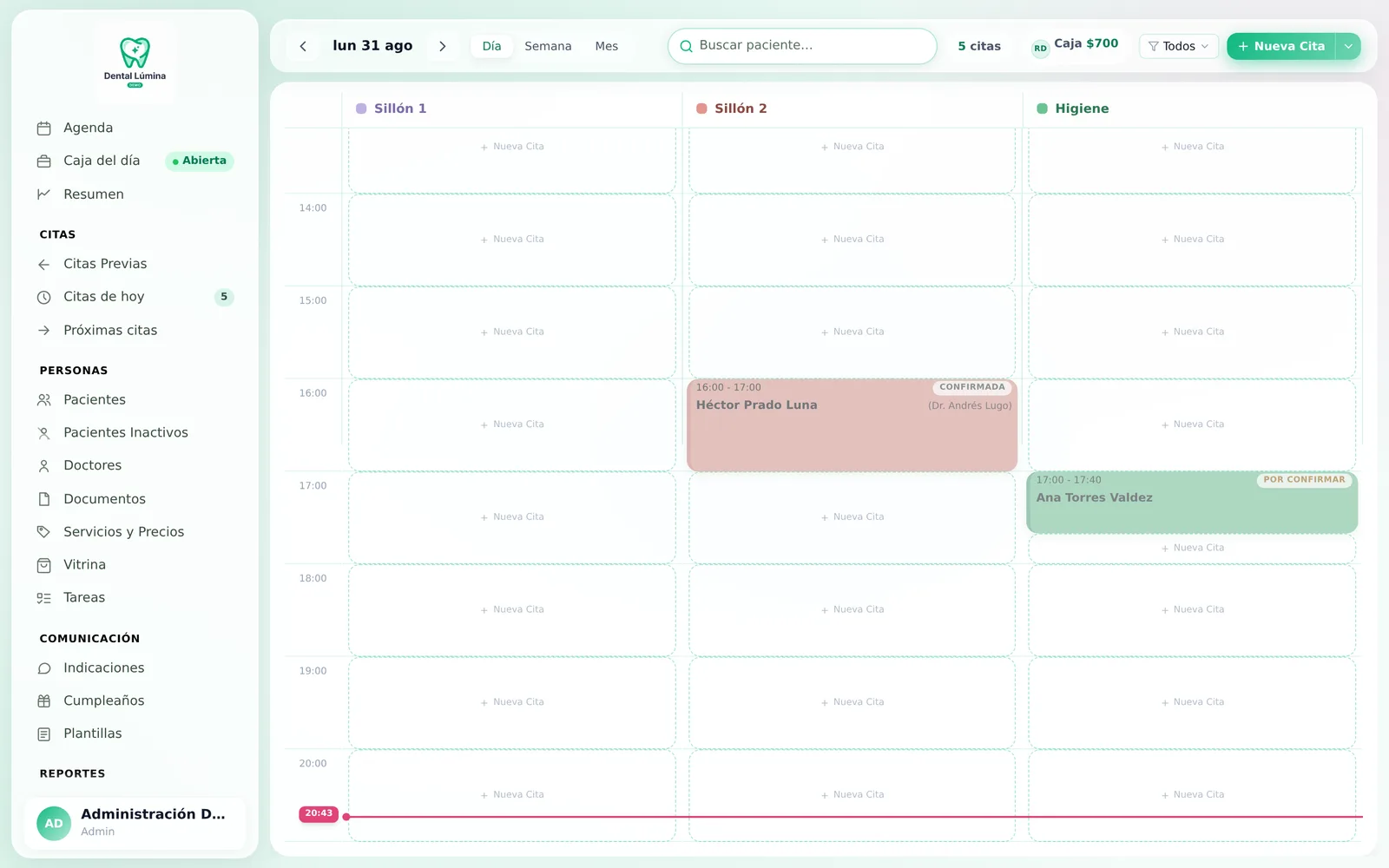 Agenda real: dia con citas por sillon, confirmadas y por confirmar