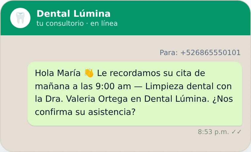 Mensaje real de confirmacion por WhatsApp con los datos de la cita